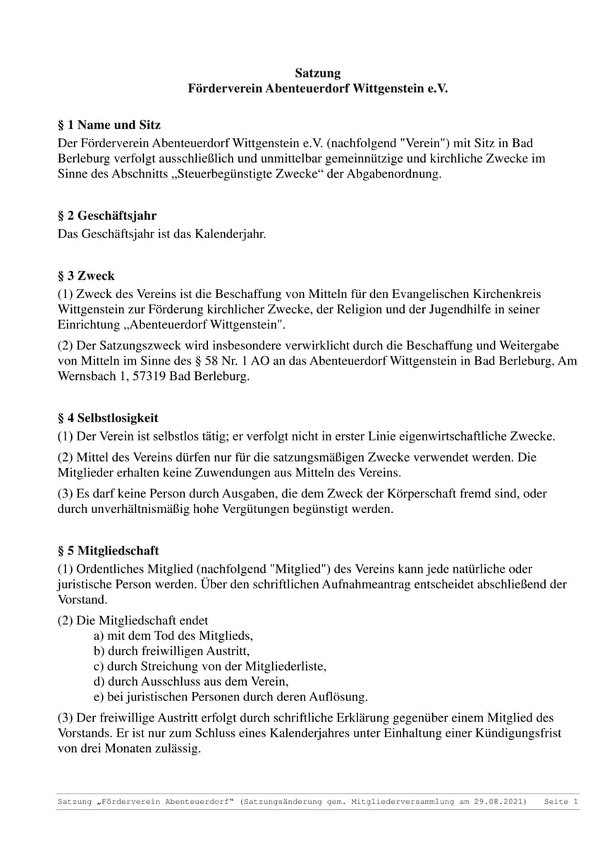 Satzung F&ouml;rderverein Abenteuerdorf Wittgenstein